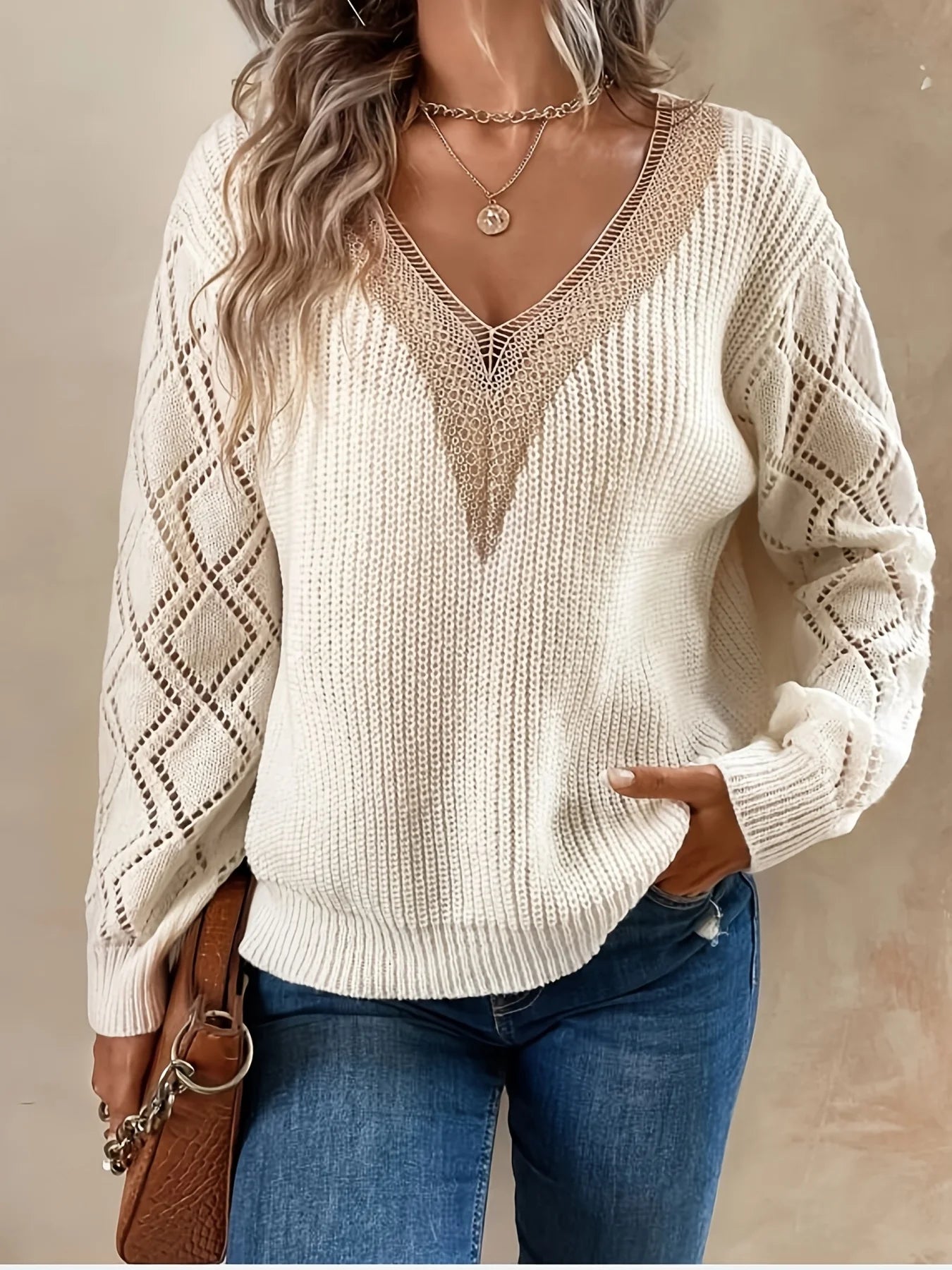 Solid V Neck Knitted Sweater